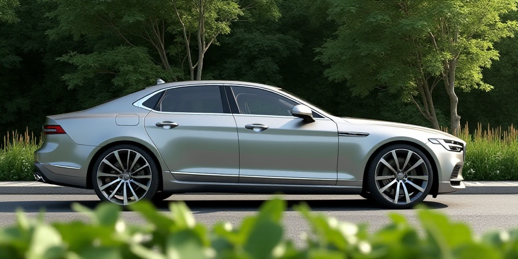 a silver car parked on the side of a road near trees and bushes in the background, with a green leaf