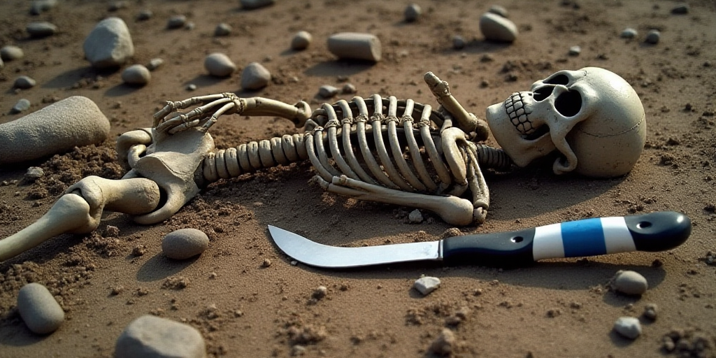 a skeleton and a knife laying on the ground in dirt with rocks and dirt around it and a blue and whi