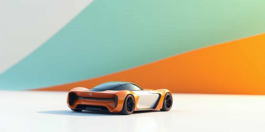a small orange and white car on a white background with a blue and orange background behind it and a