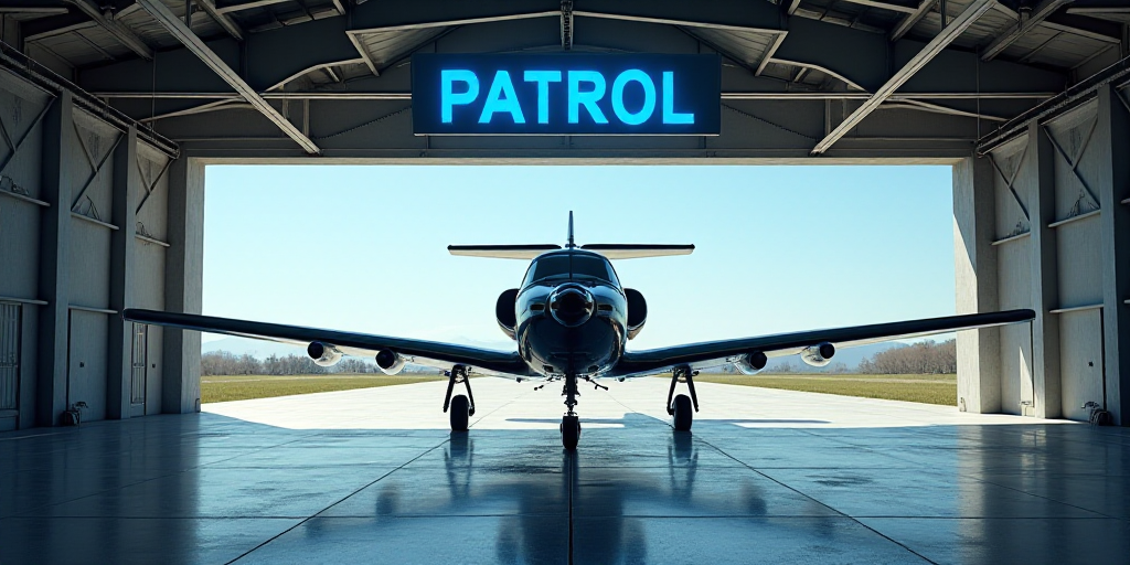 a small plane parked in a hangar with a blue sign above it that says patrol flying above it is a sma