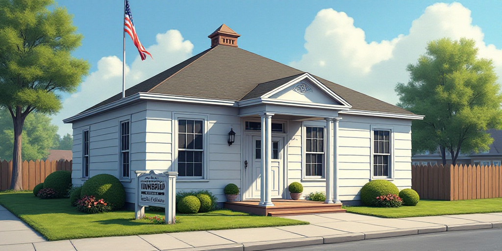 a small white building with a flag on the front of it and a sign in front of it that says one hundre