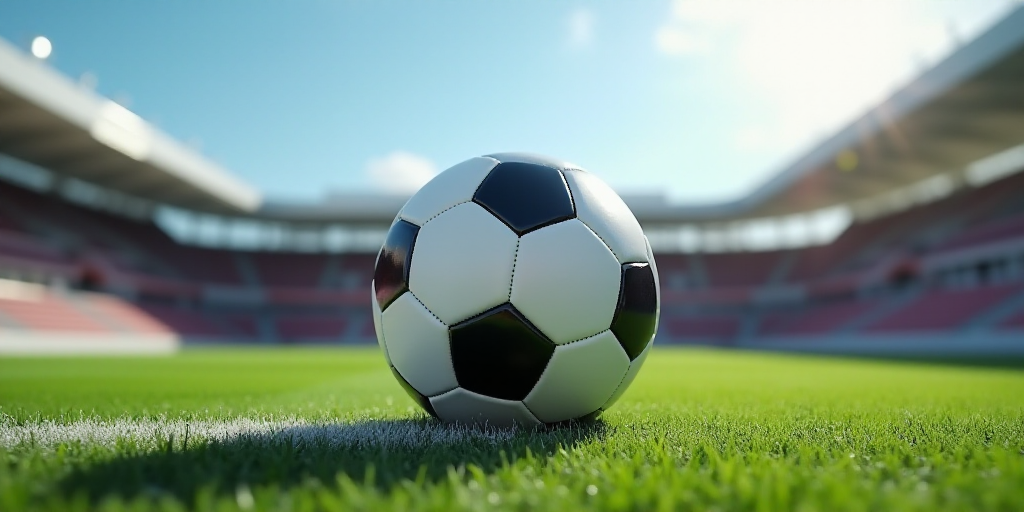 a soccer ball sitting on top of a table in a stadium with a sky background and a sky line, Carles De
