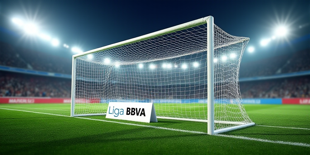 a soccer goal in a stadium with a sign in front of it that says liga bbva on the side, Carles Delcla
