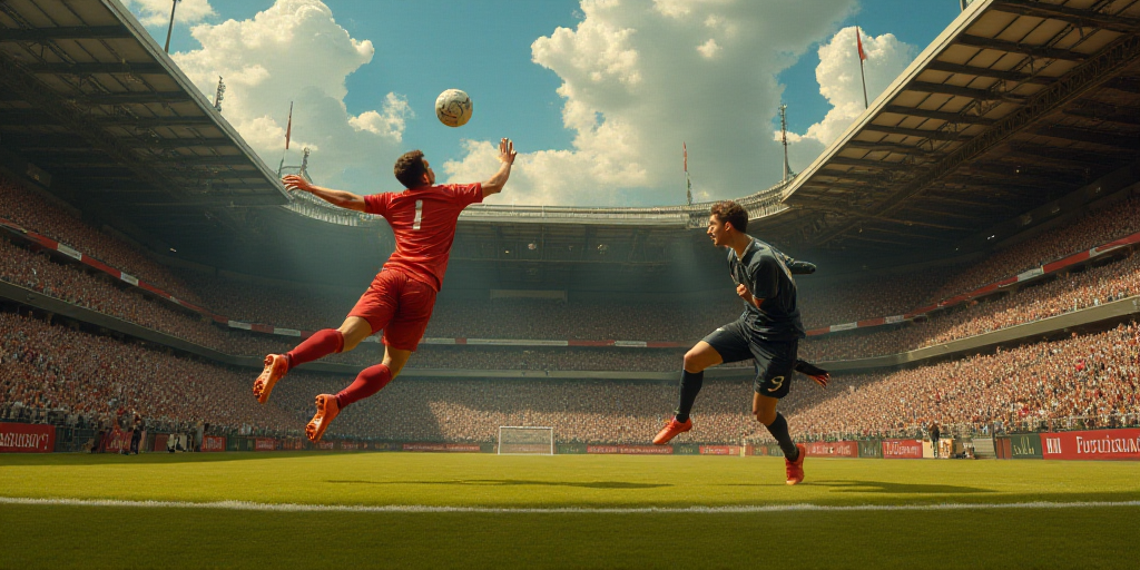 a soccer player is jumping to catch a ball in front of a crowd of people in a stadium with a goalie,