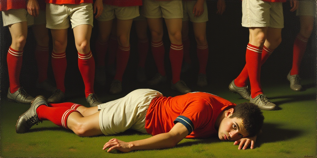 a soccer player is laying on the ground with his head on his knees as the other team mates look on,