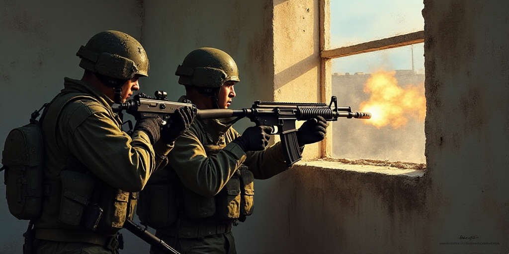 a soldier is looking through a window while another soldier is holding a gun and aiming a gun at som