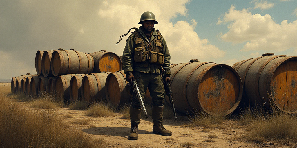 a soldier standing in front of a bunch of barrels with a gun in his hand and a gun in his other hand