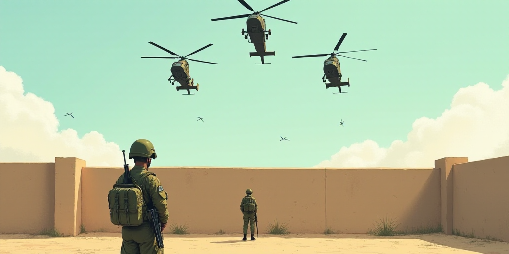 a soldier watches as two helicopters fly overhead in the sky above a wall and a wall barrier with a