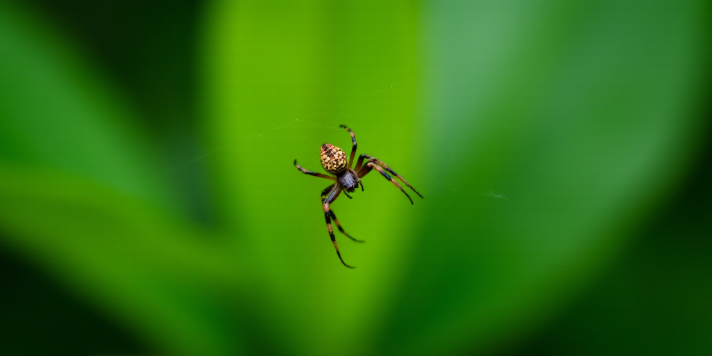 a spider is sitting in a web on a green background with leaves in the background and a blurry backgr