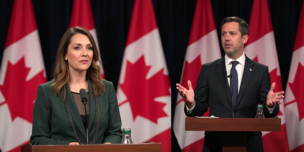 a split photo of a woman and a man speaking at a podium with canadian flags in the background and a