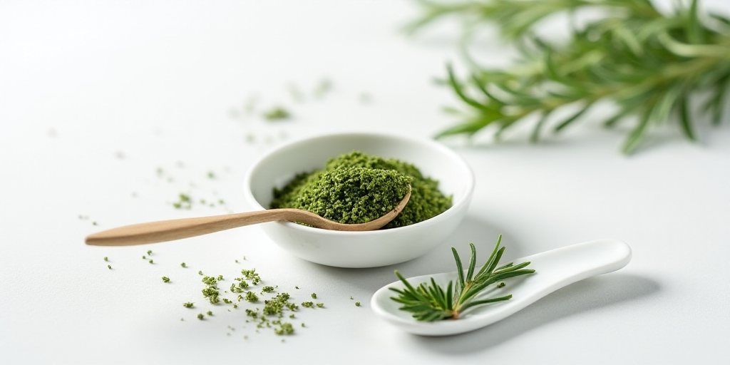 a spoon and a bowl of herbs on a table top with a white background and a white spoon with a green sp