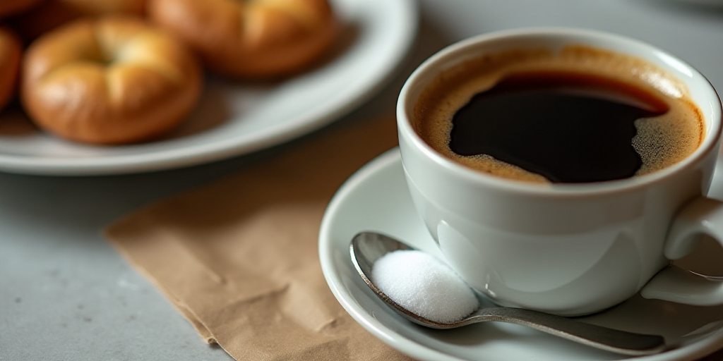 a spoon with sugar in it on a table next to a cup of coffee and a plate of food, Dorothy Coke, hi -