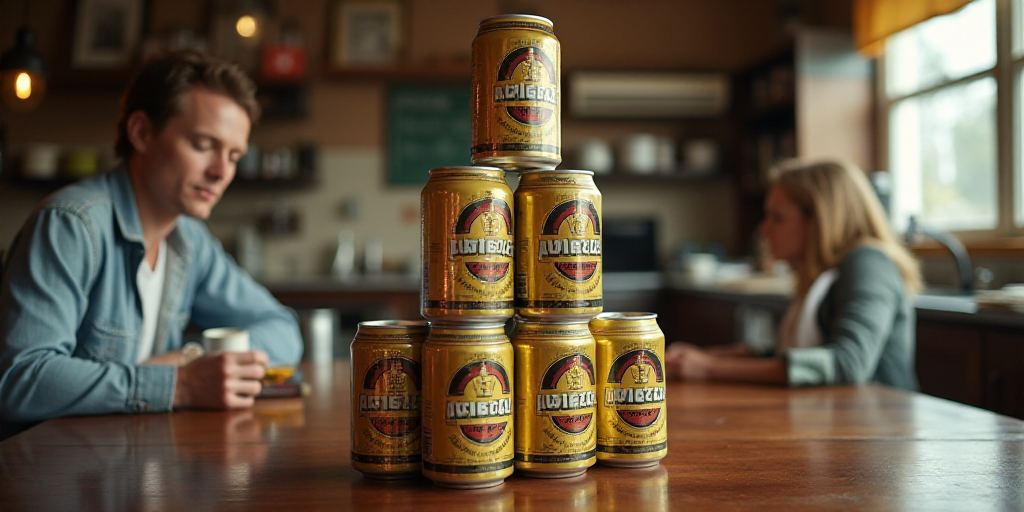 a stack of cans of beer sitting on top of a table next to boxes of beer and a woman, Allen Tupper Tr