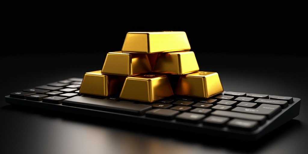 a stack of gold bars sitting on top of a keyboard keyboard, with a black background and a gold bar o