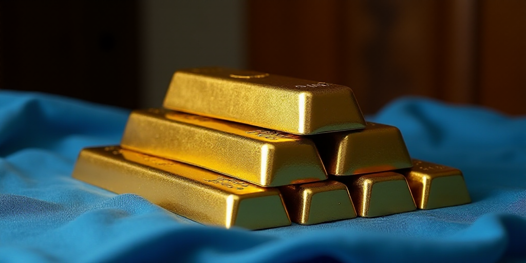 a stack of gold bars sitting on top of each other on a table top with a blue cloth underneath, Const