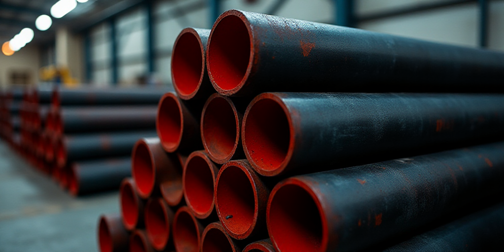 a stack of pipes are stacked up in a room with a wall of pipes in the background and a red filter, A