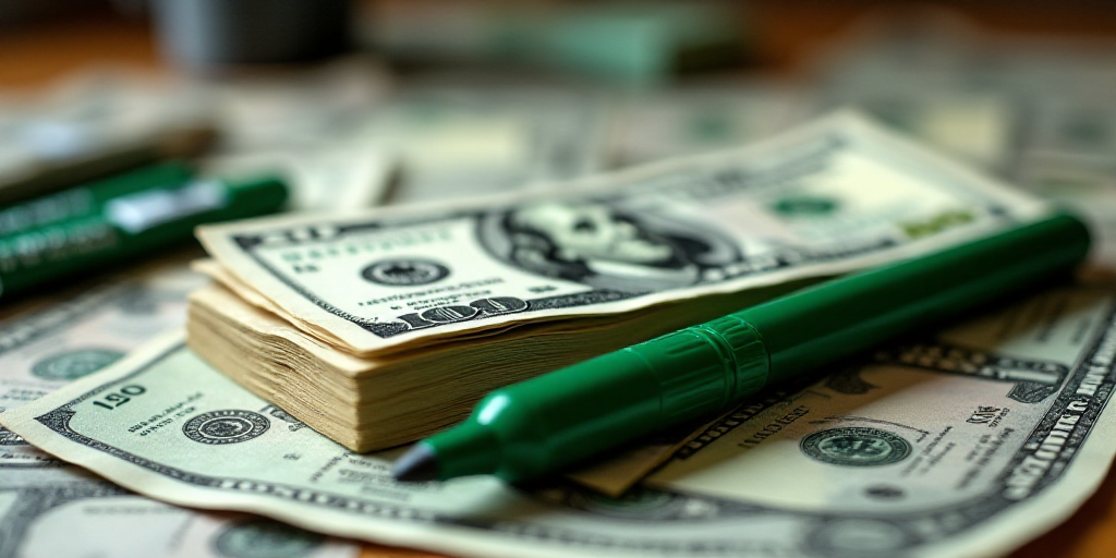 a stack of twenty dollar bills sitting on top of each other on a table with a green marker on it, Be