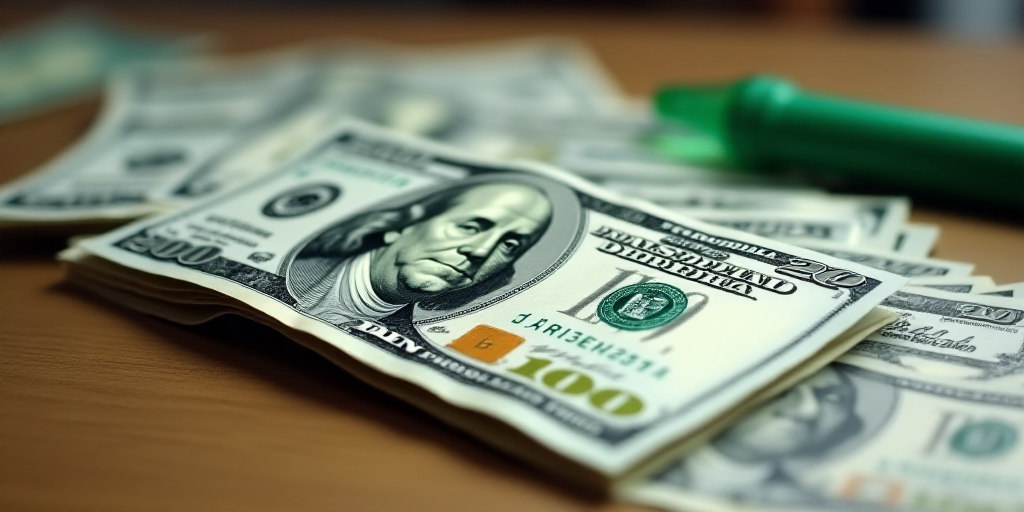a stack of twenty dollar bills sitting on top of each other on a table with a green marker on it, Be