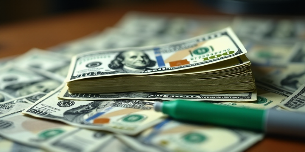 a stack of twenty dollar bills sitting on top of each other on a table with a green marker on it, Be