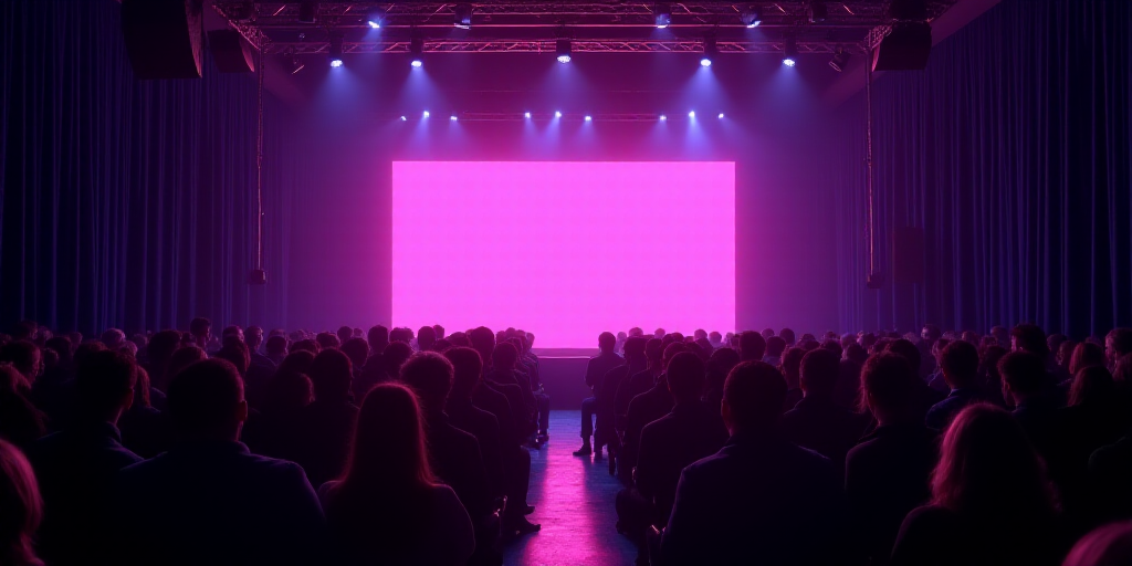 a stage with a neon sign and a crowd of people watching it on a stage with a purple curtain, Avgust