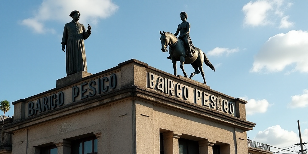 a statue of a man and a woman on a building with a sign that says barco pesico, Carlos Francisco Cha