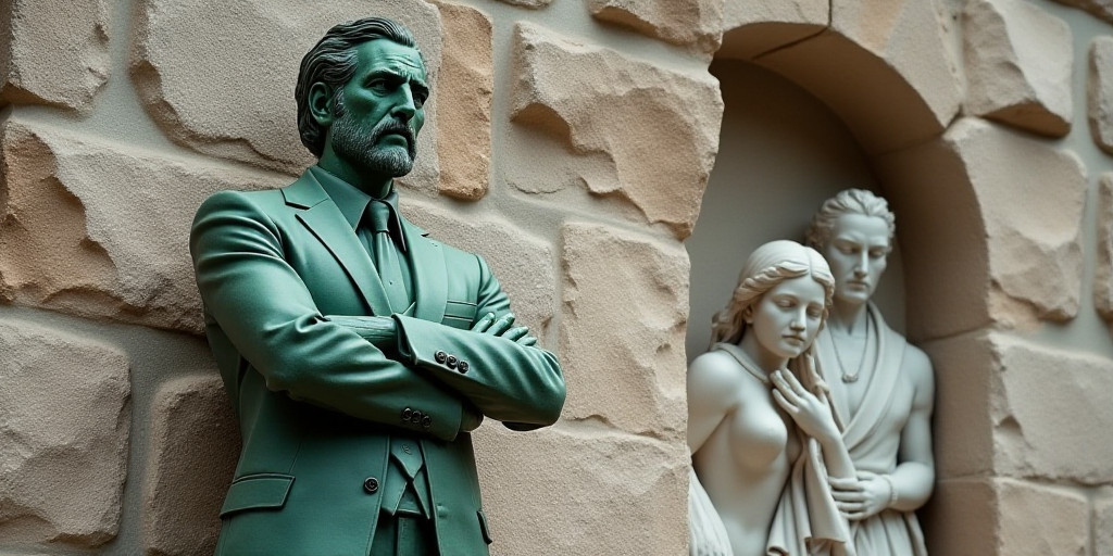 a statue of a man in a suit and tie with his arms crossed in front of a rock wall, Art Green, detail