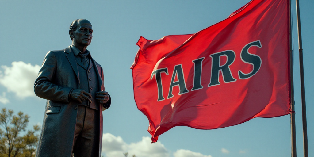 a statue of a man in front of a flag and a sign that says tarifs on it, Beeple, dof, a raytraced ima