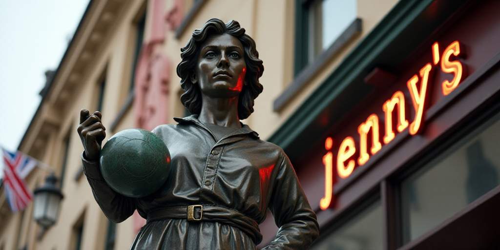 a statue of a person holding a ball and a star in front of a sign that says, jenny's, Eric Peterson,