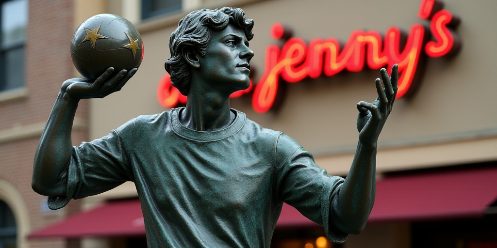 a statue of a person holding a ball and a star in front of a sign that says, jenny's, Eric Peterson,