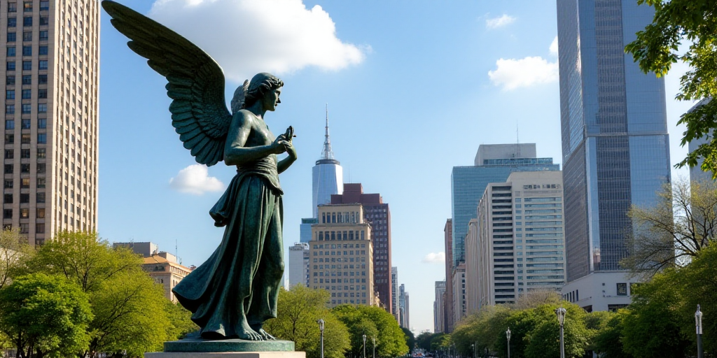 a statue of an angel in a city park with skyscrapers in the background, in a sunny day, David Alfaro