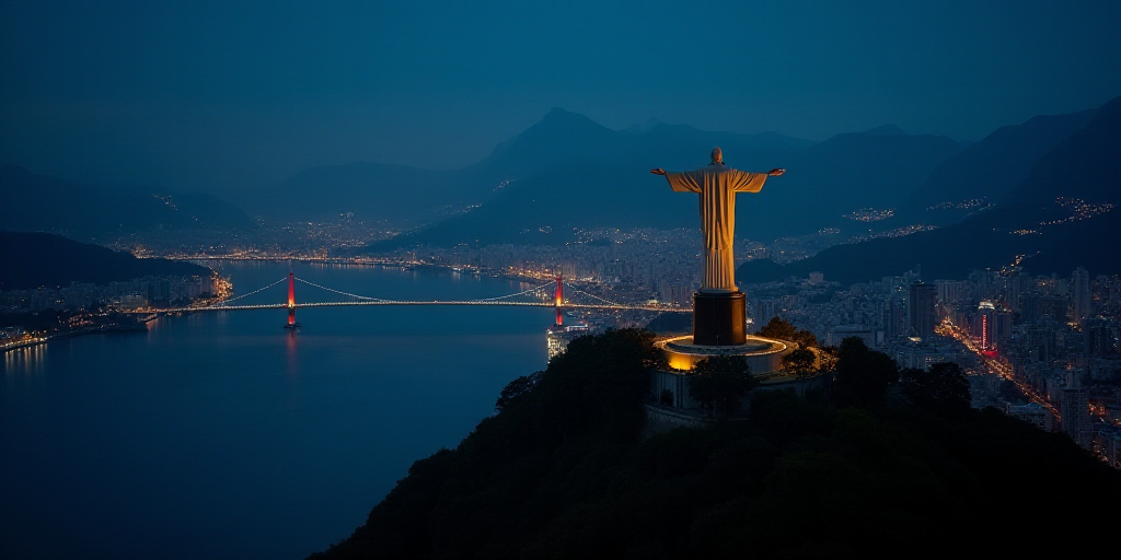 a statue of christ overlooking a city at night with lights on it's sides and a body of water below,