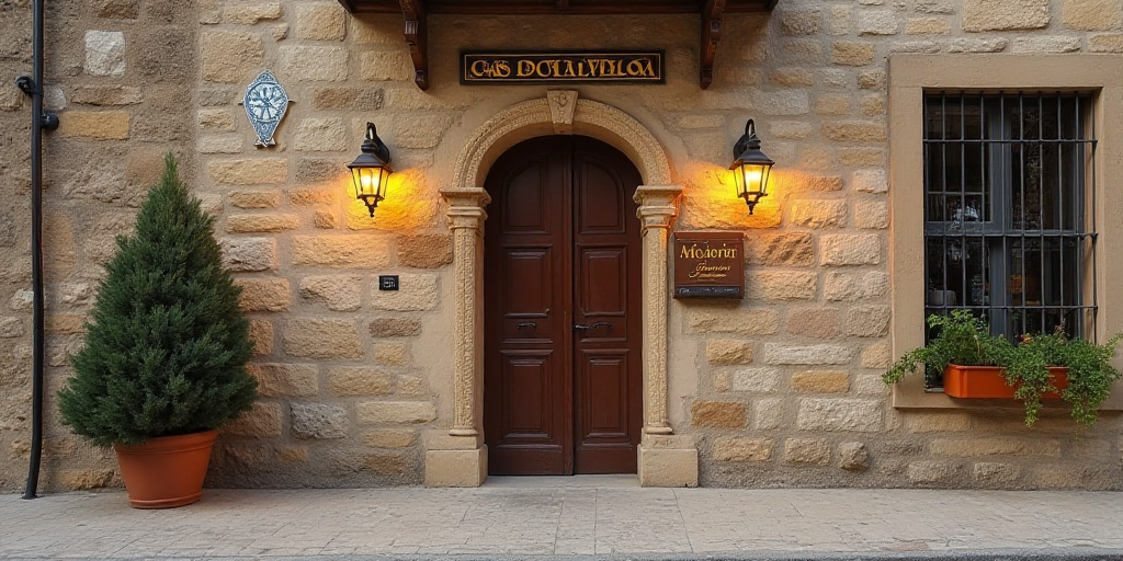 a stone building with a sign that says cas chavela on it and two lights on the outside, Carlos Catas