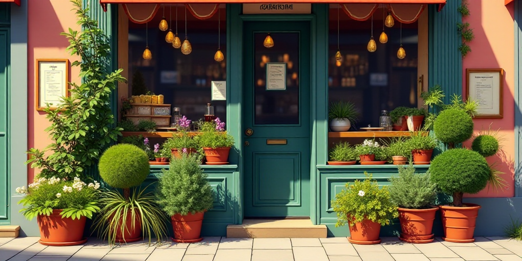 a store front with a bunch of plants growing on it's side door and a sign that says trattori, Doroth