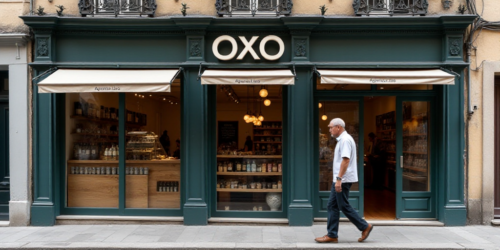 a store front with a sign for oxo on the front of it and a man walking by it, Aquirax Uno, good valu