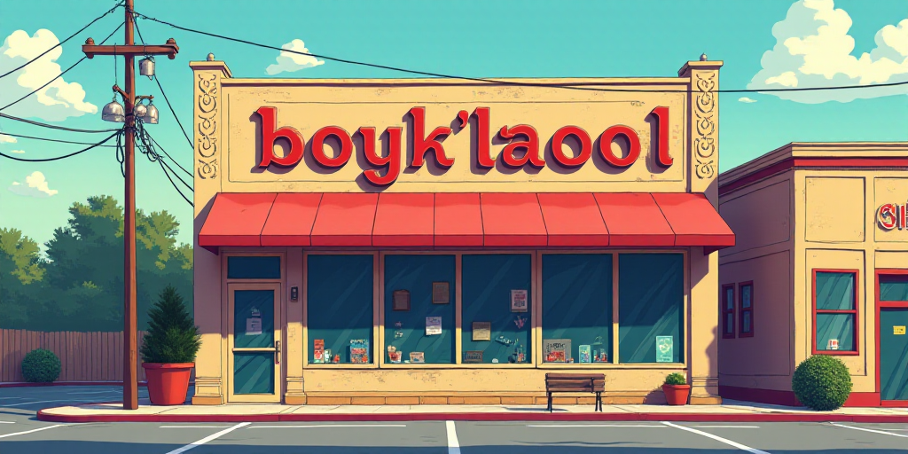 a store front with a sign that says boyk'kaool on it's side and a parking lot in front of it, Art &