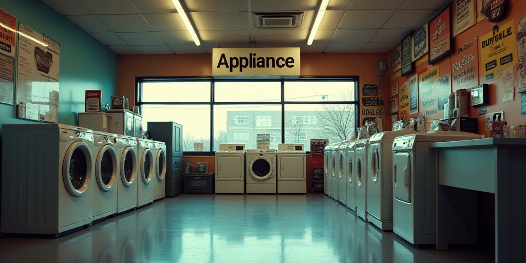 a store with a washing machine and dryer in it's display area and a sign that says appliance, Doug O
