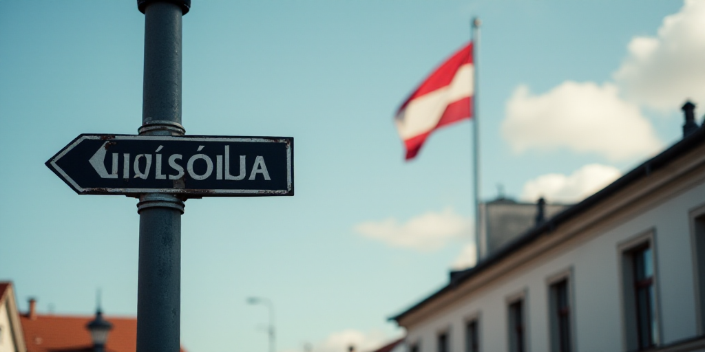 a street sign on a pole with a flag in the background of a building and a flag in the background, An