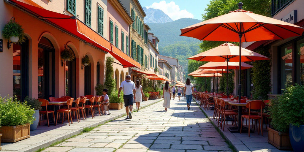 a street with tables and chairs and umbrellas on the side of it and people walking by the sidewalk,