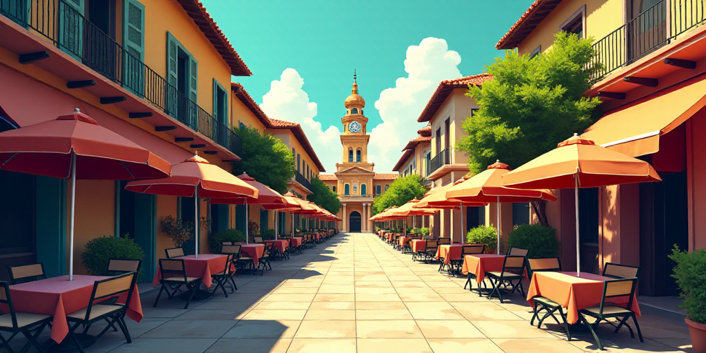 a street with tables and umbrellas on both sides of it and a building with a clock tower in the back