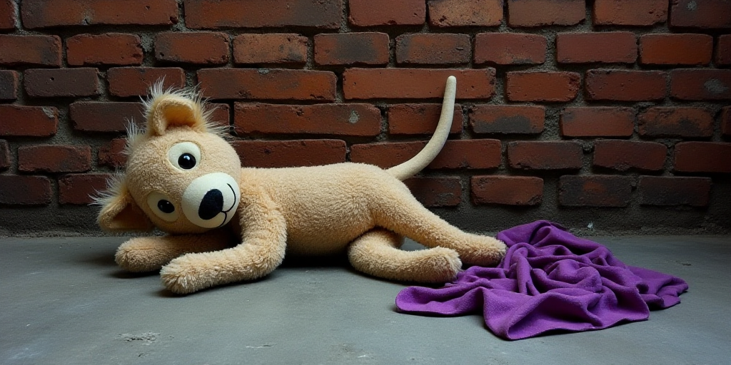 a stuffed animal laying on the ground next to a brick wall and a purple cloth on the ground next to