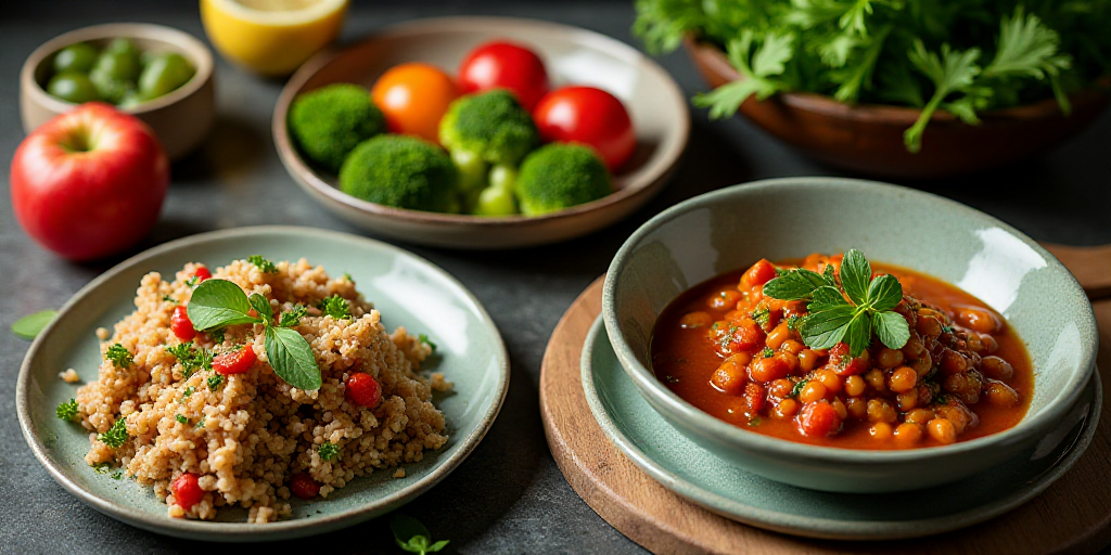 a table topped with plates of food and vegetables next to a bowl of broccoli and a bowl of fruit, É