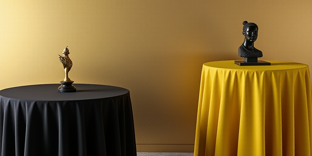 a table with a black table cloth and a yellow table cloth on it and a black table with a black table