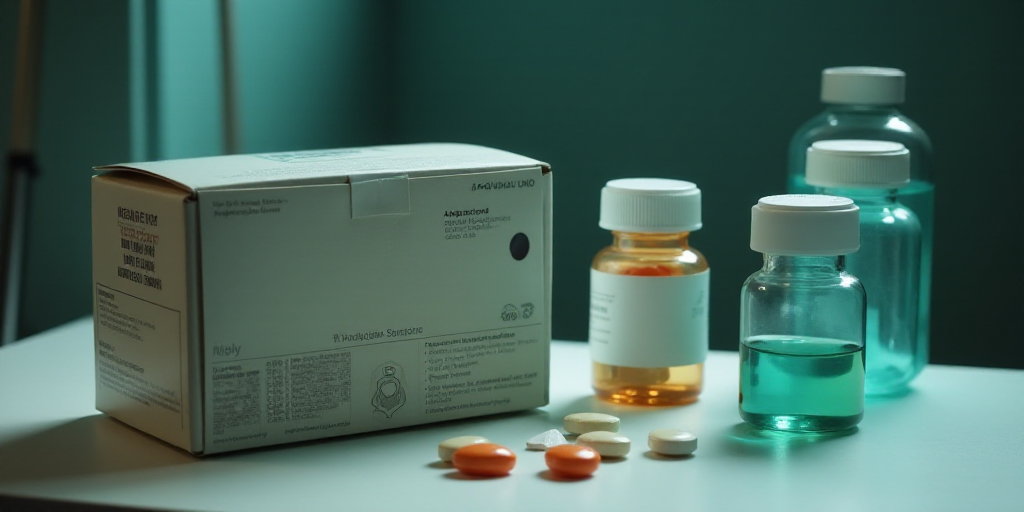 a table with a box of medicine and some bottles of medicine on it and a few pills in front of it, Aq
