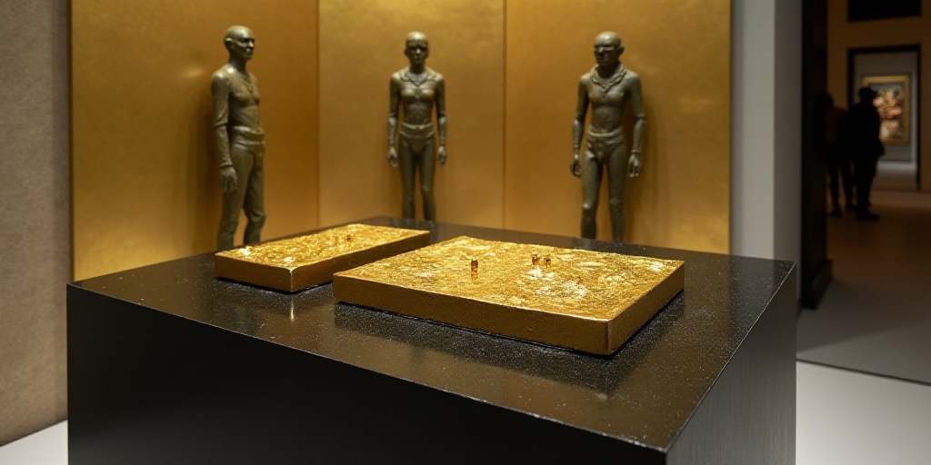 a table with gold bars on it and a person standing next to it on the table with a black surface, Eng