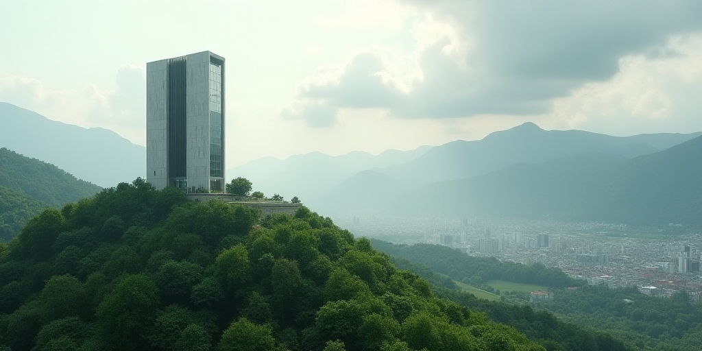 a tall building sitting on top of a lush green hillside next to a city under a cloudy sky with mount