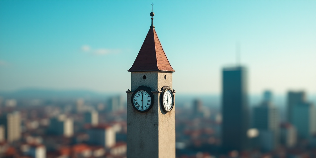 a tall building with a clock on top of it in a city with tall buildings and a blue sky, Ceferí Oliv