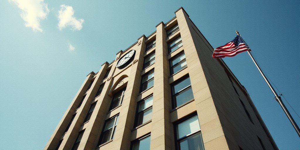 a tall building with a clock on the front of it and a flag on the side of it in front of a flagpole,