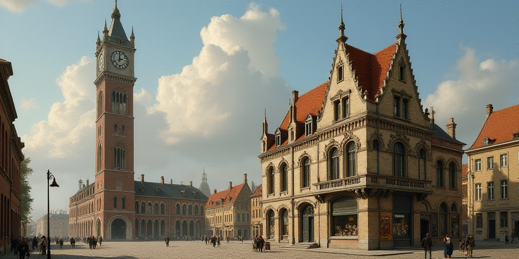 a tall building with a clock tower next to a building with a clock on it's side and a light pole, É