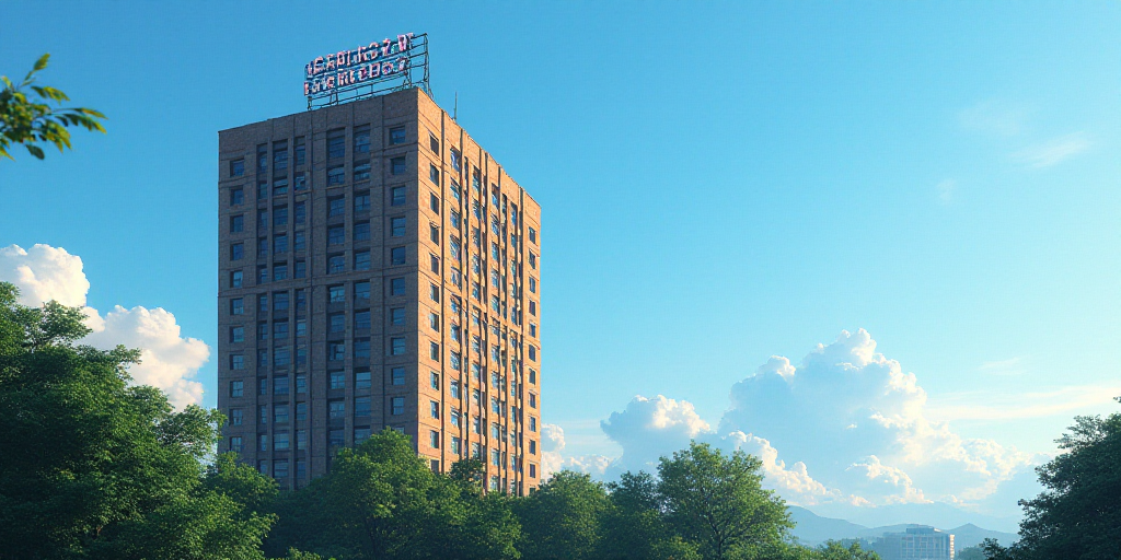 a tall building with a sign on top of it next to trees and a blue sky background with a few clouds,