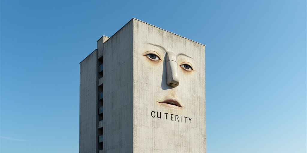 a tall building with a sign on the side of it's face in front of a blue sky, Andreas Gursky, grotesq
